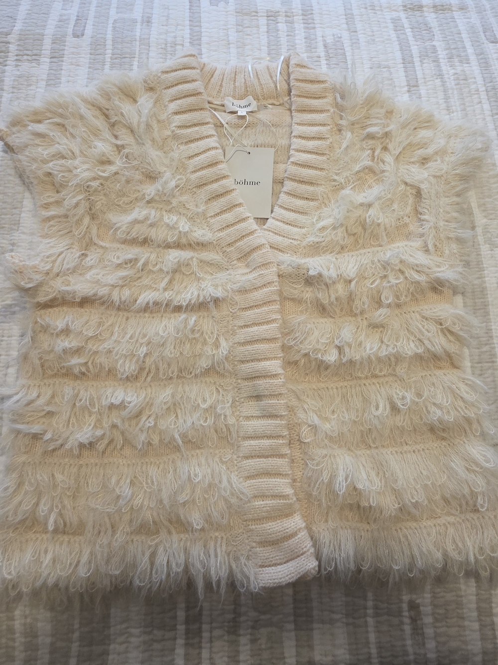bohme Cream Loop Fringe Open-Front Cardigan Vest